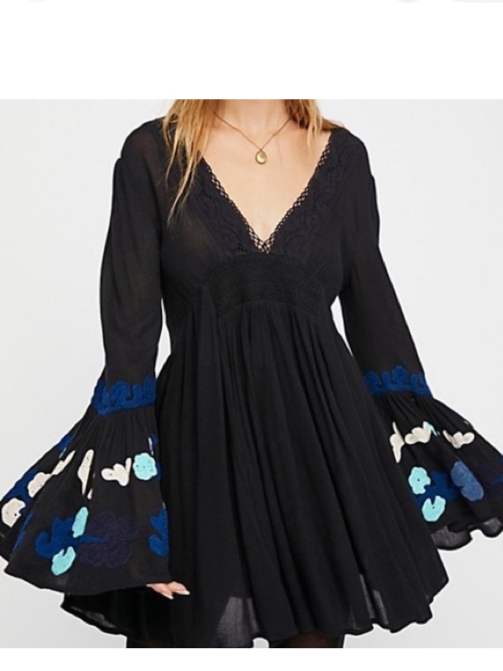 Free People Black Long-Sleeve Embroidered Bell-Sleeve Dress